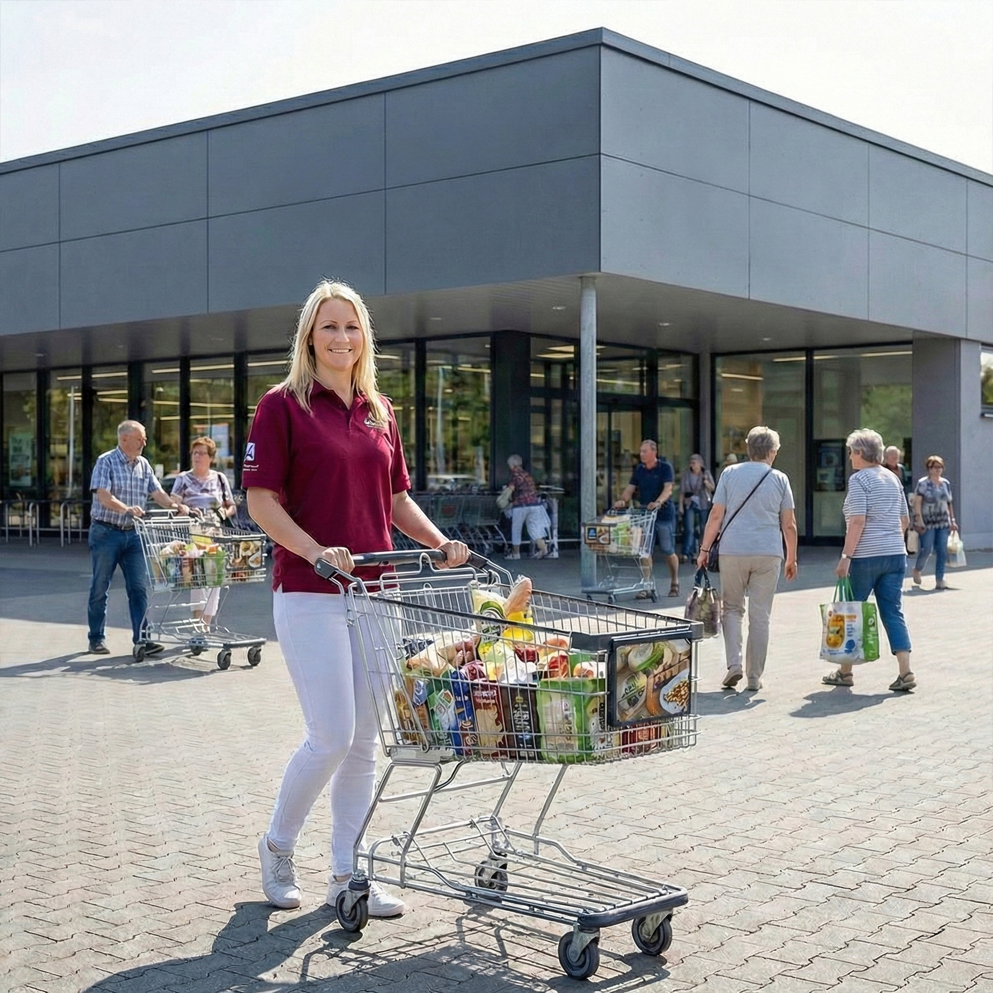Schwalm Care – ergänzende Leistungen - Person schiebt einen Einkaufswagen mit Lebensmitteln vor einem Supermarkt, im Hintergrund weitere Kundinnen und Kunden