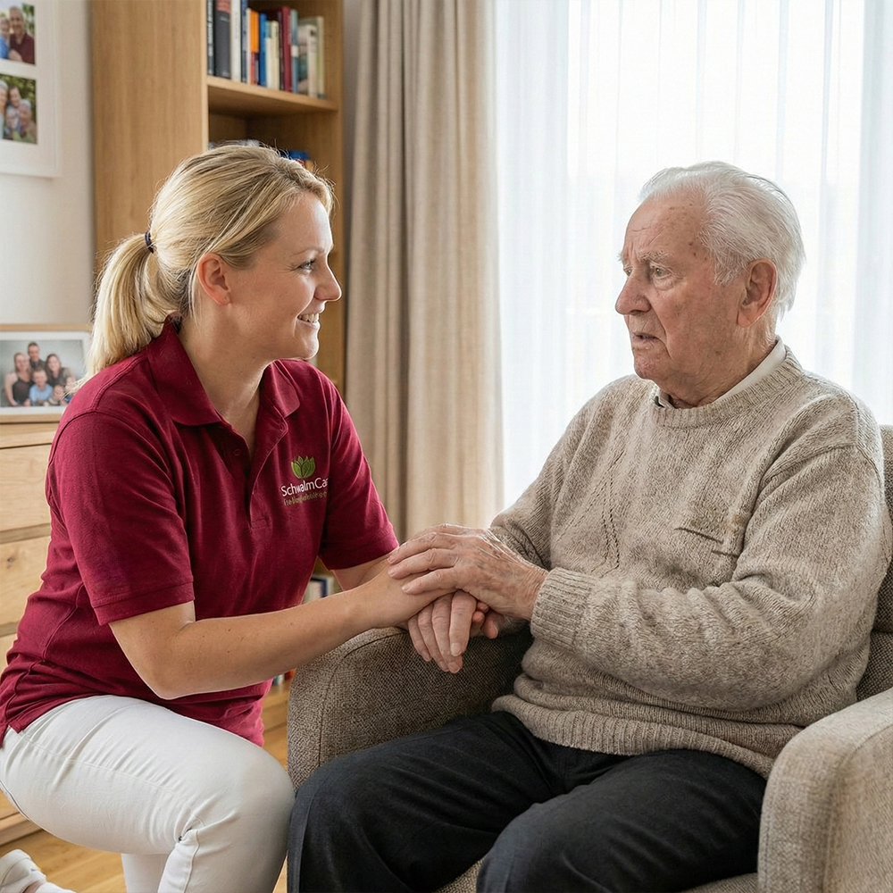 chwalm Care – ergänzende Leistungen - Pflegekraft sitzt neben einem älteren Mann im Sessel und hält seine Hand in einem hellen Wohnraum