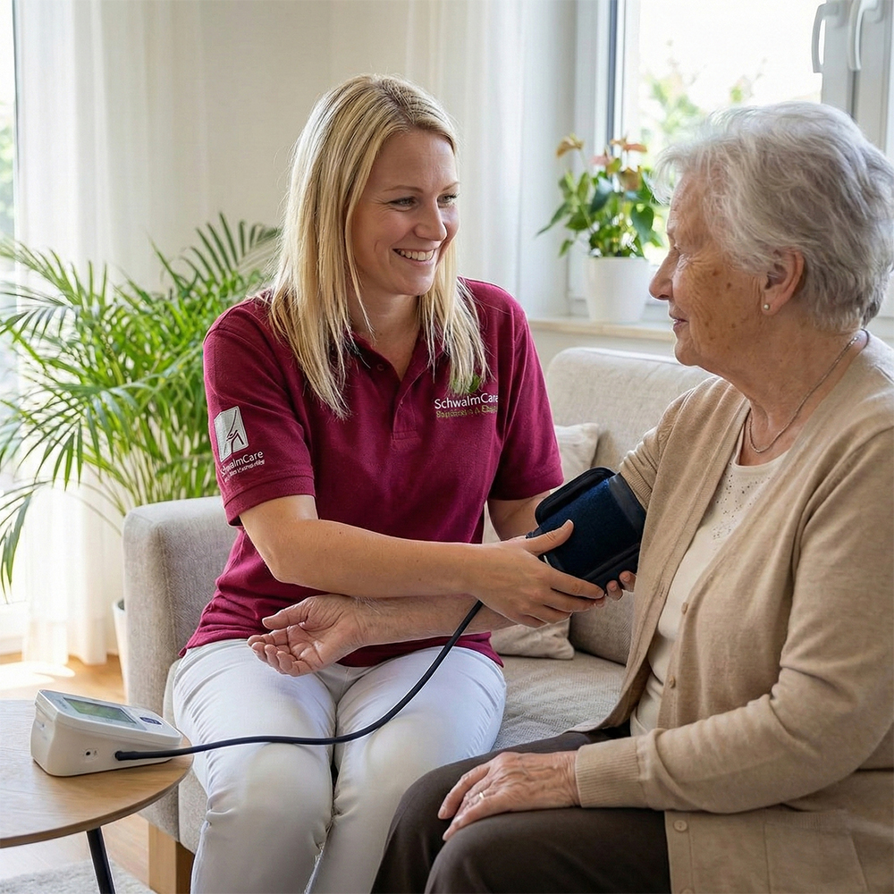 Schwalm Care - Ambulanter Pflegedienst - Pflegekraft misst den Blutdruck einer älteren Frau in einem hellen Wohnraum
