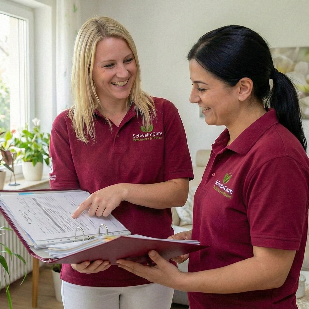 Schwalm Care - Ambulanter Pflegedienst - Zwei Pflegekräfte besprechen gemeinsam Unterlagen in einem hellen Innenraum